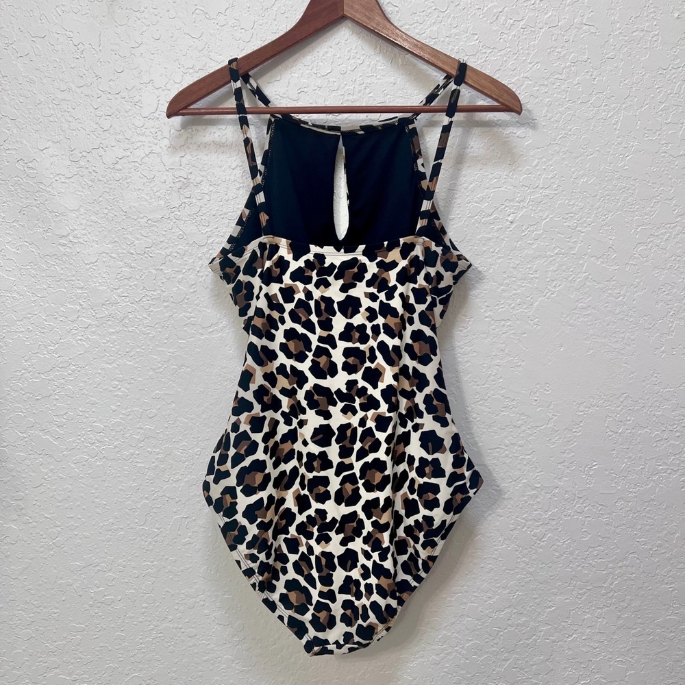 Ellen Tracy One Piece Swimsuit Leopard Print Halter Neck Keyhole Ruched Size 14 - Picture 5 of 7